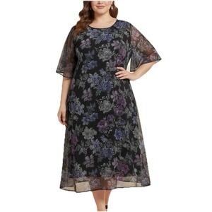 Catherines Black‎ Purple Floral Chiffon Flutter Sleeve Midi Dress Size 4X